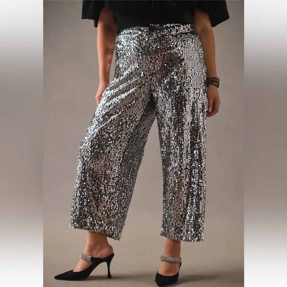 NWT Anthropologie Maeve The Colette Cropped Wide-Leg Sequin Pants